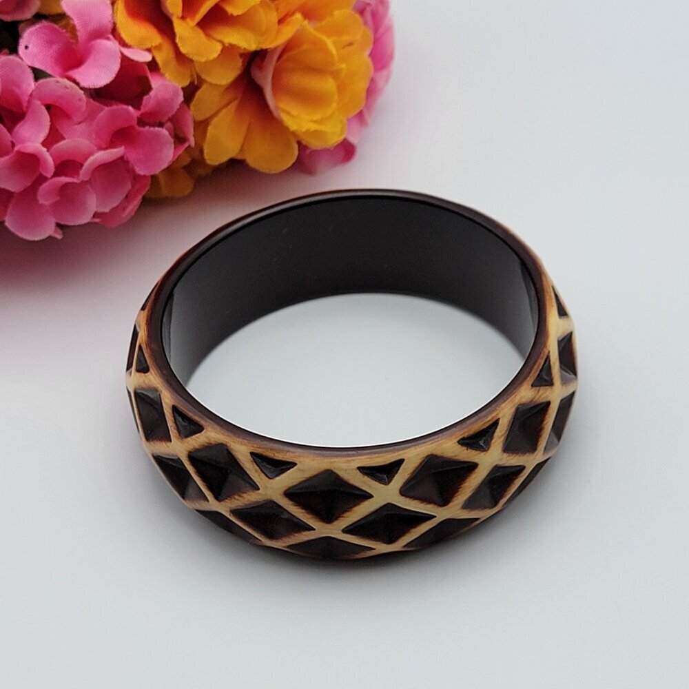 Vintage Brown Honeycomb Pattern Carved Galalith Bangle Bracelet 7 3/4 In 24.4mm